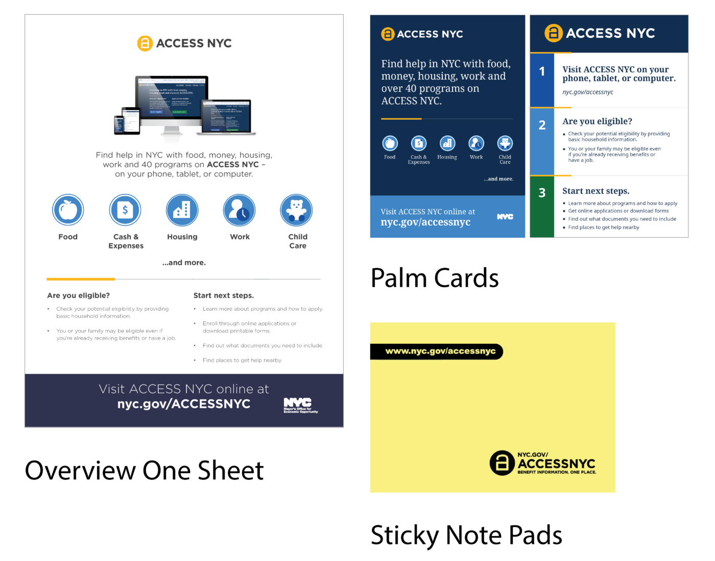 Three ACCESS NYC promotional materials in a grid including an overview one sheet, palm cards, and sticky note pads.